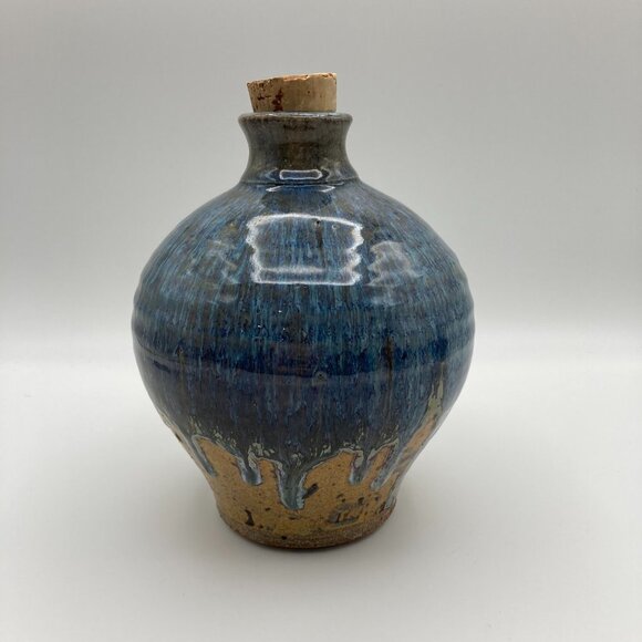 Unique Vintage Rare Pottery Jug Clay Whiskey Jug With Cork Stopper Singed Bottom - Picture 4 of 7